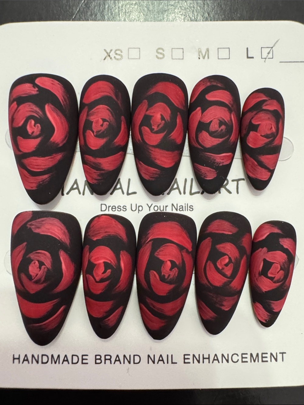 Handmade Matte Press-On Nails with Red Rose Art